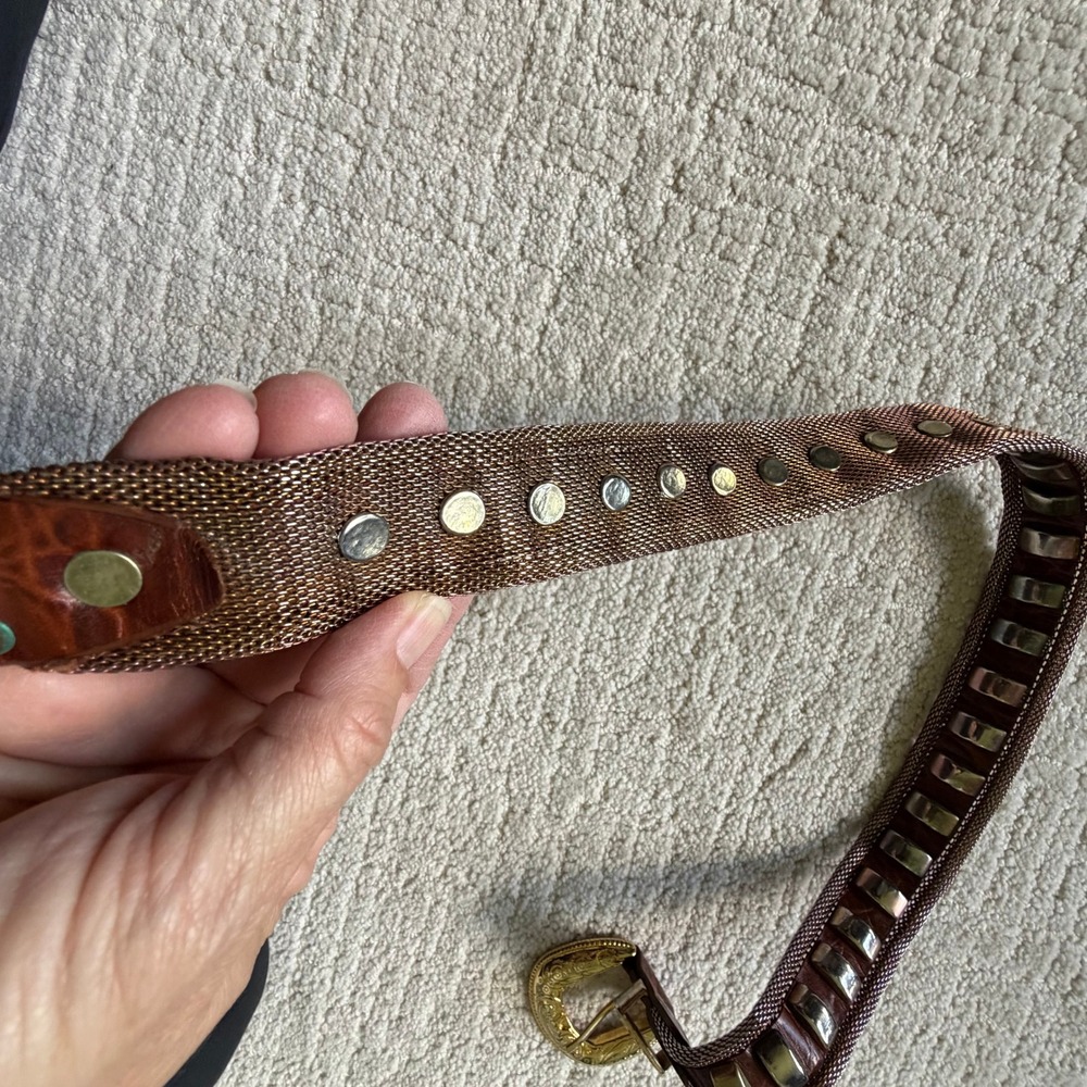 Vintage Brown Croc Leather Western Belt Brass Metal Mesh Studs Ornate Buckle 30" - Picture 6 of 13
